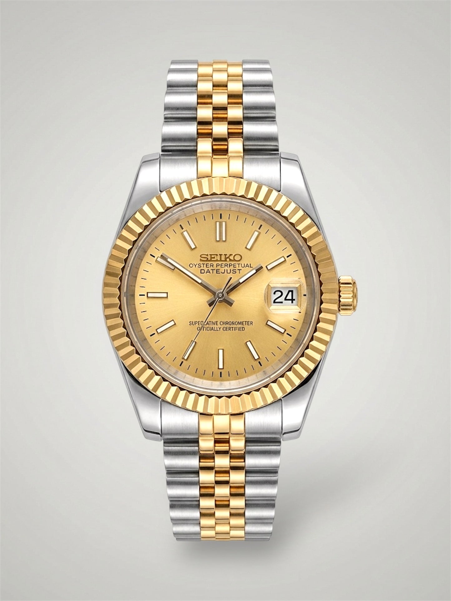 Champagne Datejust mod, Tofarvet yellow guld Seiko mod