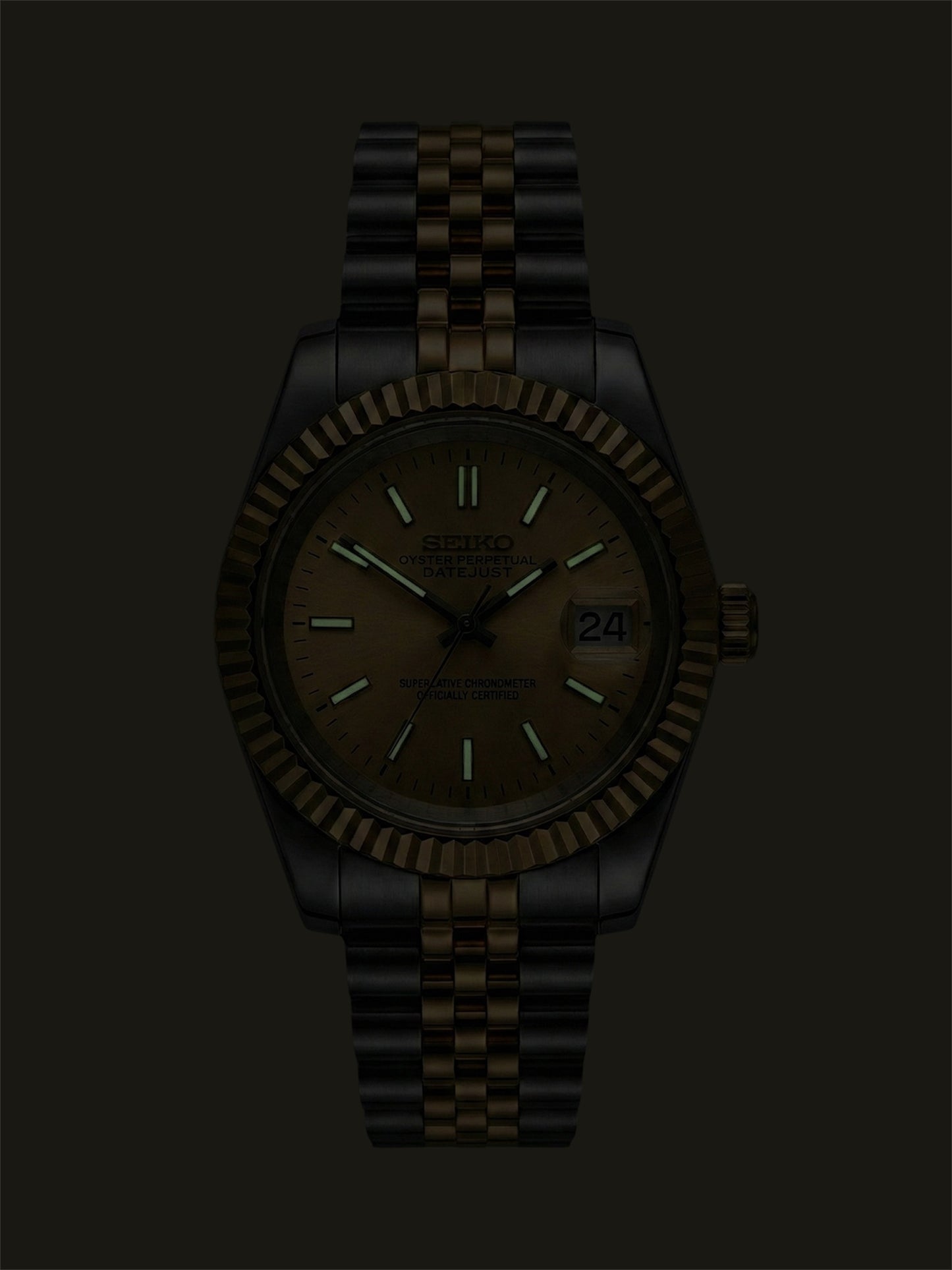 Champagne Datejust mod, Tofarvet full yellow guld Seiko mod lumen