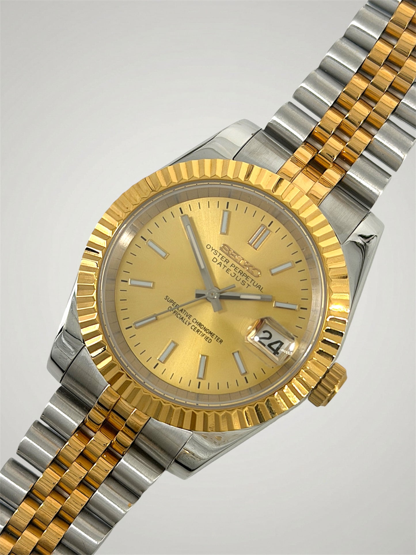 Champagne Datejust mod, Tofarvet full yellow guld Seiko mod