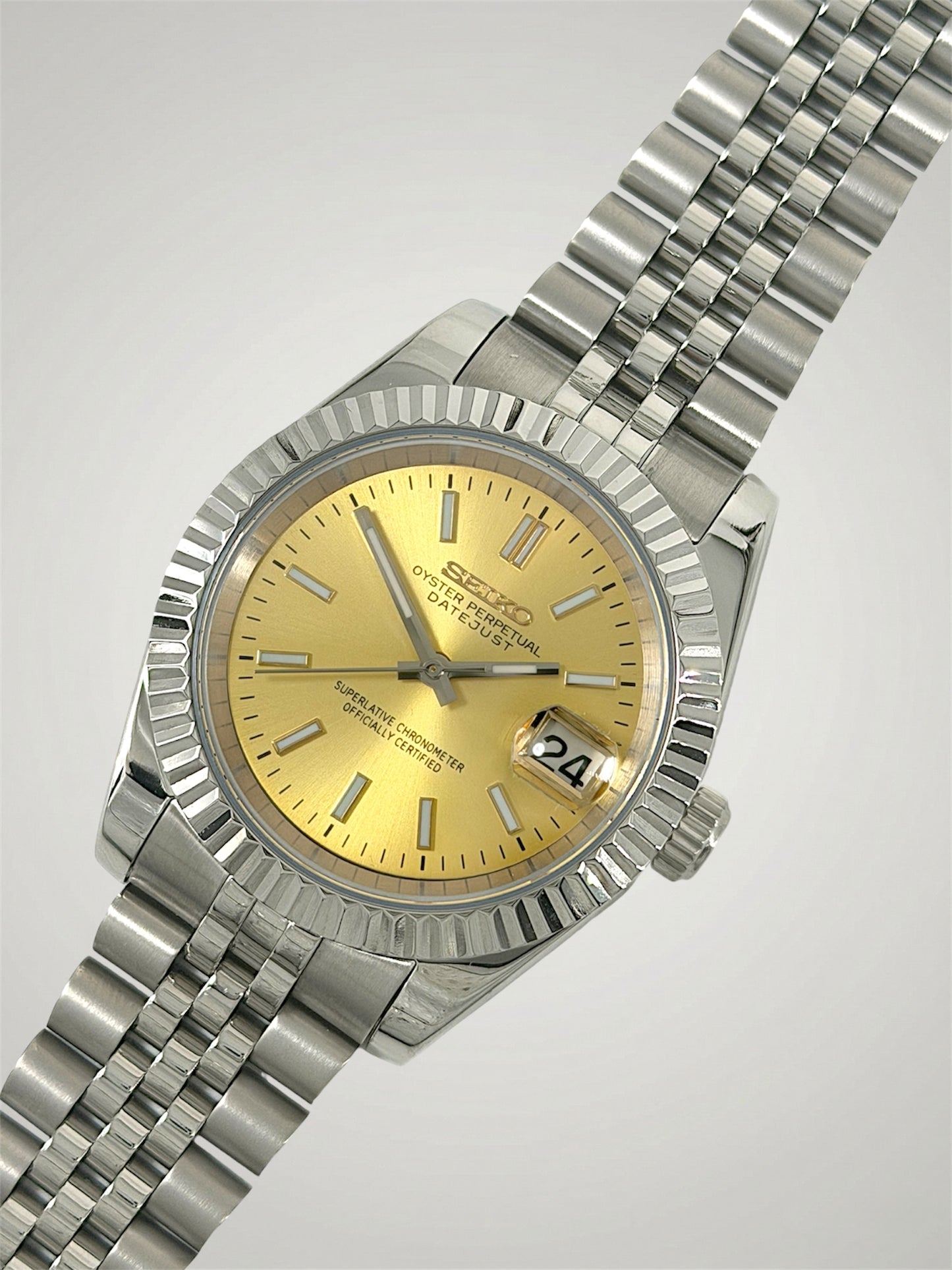 Champagne Datejust mod, silver jubilee guld urskive Seiko mod