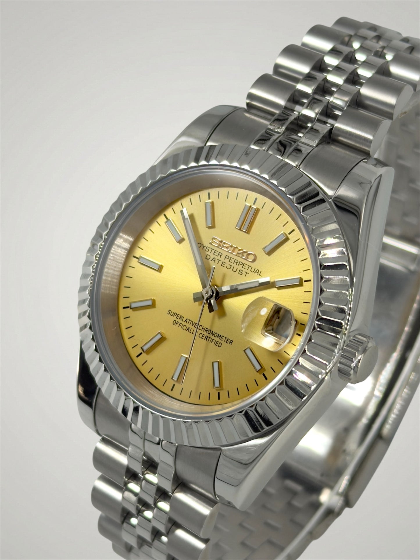 Champagne Datejust mod, silver jubilee guld urskive Seiko mod