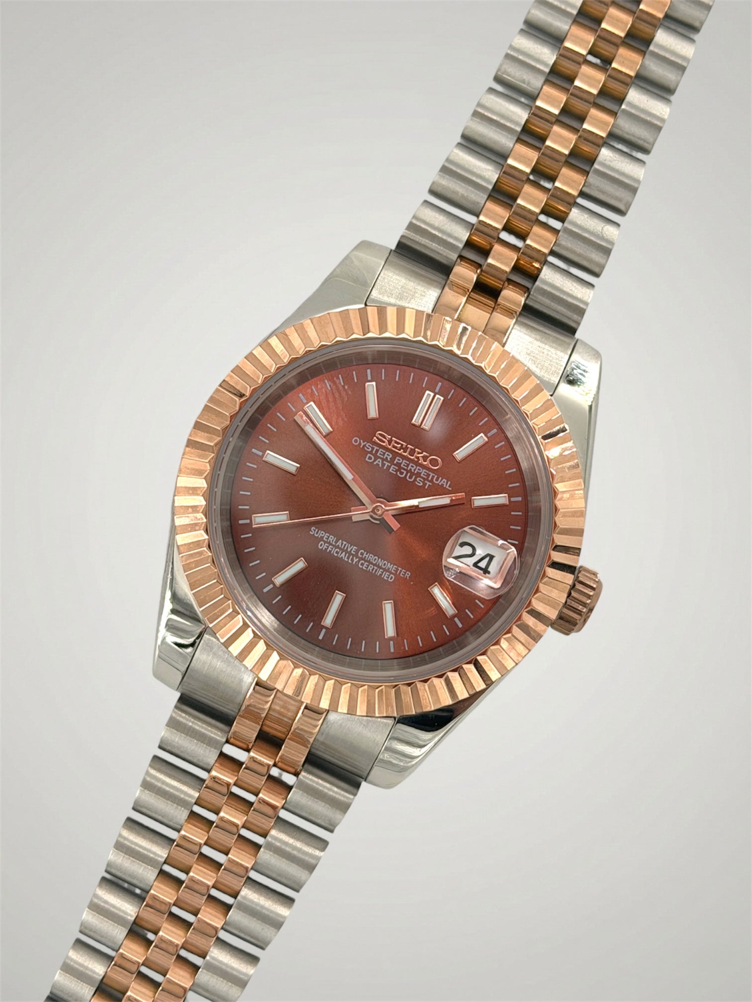 Chokolade-Datejust-Mod-Seikomod-seikojust-jubilee-armbånd-tofarvet